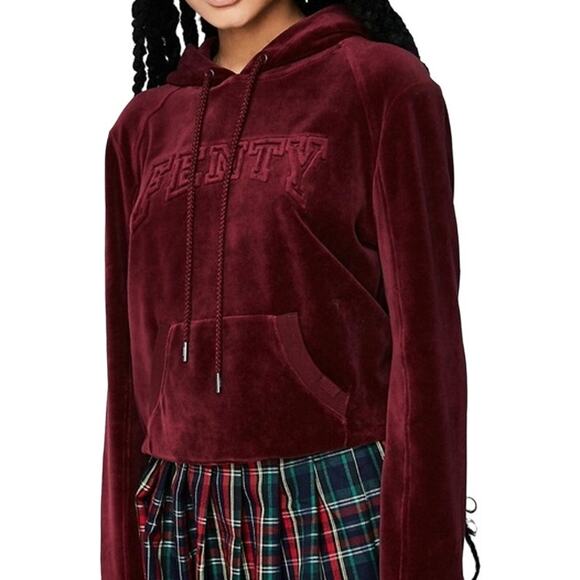Puma by Rihanna Fenty Cropped Sweatshirt Velour Drawstring Hoodie Pullover Red S - Picture 1 of 6
